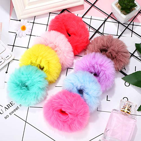 WILLBOND 30 Pieces Fuzzy Scrunchies Bulk - Pompom Ball Elastic Hair Ties for Women, 21 Colors