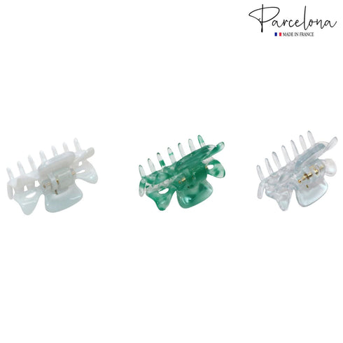 Parcelona French Classic Very Small Claw Clips Set of 3 for Girls Hair Accessories (Clear-White-Shadow Green)