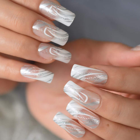 Square Fake Nails Long Length Predesigned False Nails (Clear White)