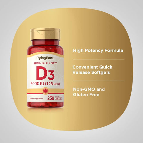 Piping Rock Vitamin D3 5000 IU, 250 Softgels, High Potency Supplement, Non-GMO, Gluten Free