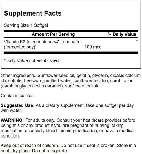 Swanson Vitamin K2 (Menaquinone-7) - Vitamin Supplement Supporting Cardiovascular and Bone Health - Made from Japanese Natto to Help Regulate Calcium - (30 Softgels, 100mcg Each)