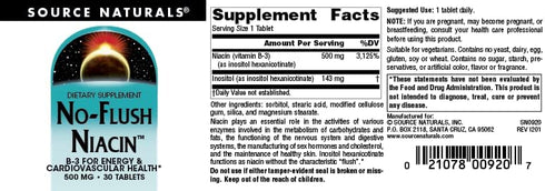 Source Naturals No-Flush Niacin, B-3 for Energy & Cardiovascular Health* 500 mg - 30 Tablets