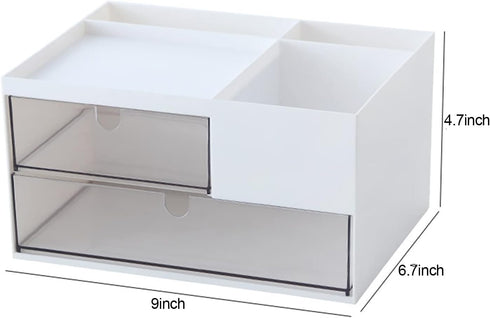 White Makeup Organizer, 2 Drawers, 4 Compartments, Cosmetics Storage Box for Nail Polish, Lipstick, Brushes, Jewelry,