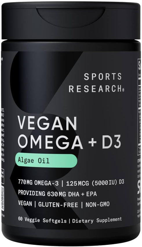 Sports Research Vegan Omega-3 Softgels with Vitamin D3 - 630mg EPA+DHA & 125mcg D3 - 60 Veggie Capsules