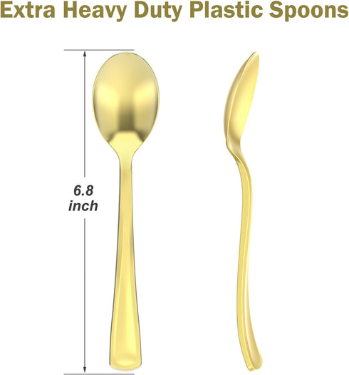 100 Count Heavy Duty Gold Plastic Spoons Disposable, BPA-Free, Heat Resistant, Solid and Durable Gold Spoons Disposable, Premium Plastic Gold Disposable Spoons for Party Supply
