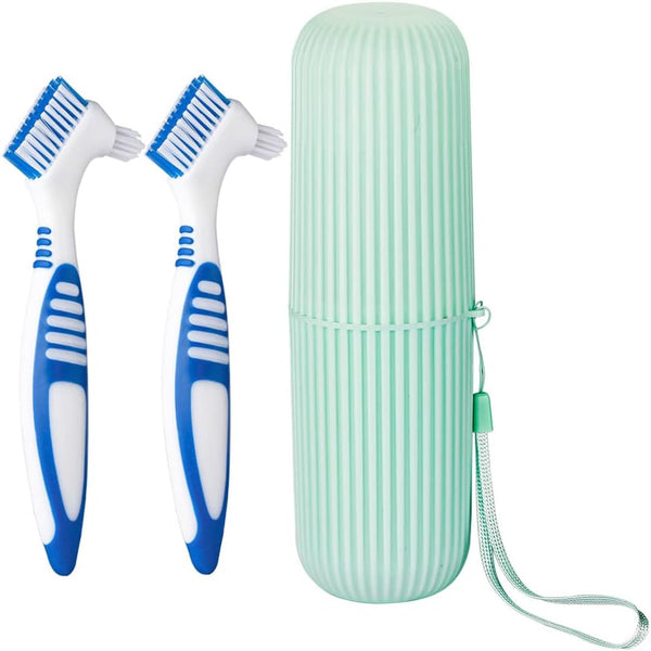 Anbbas 2pcs Double Bristle Head Denture Brush - Dental Cleaning Brush with Portable Toothbrush Cup Holder