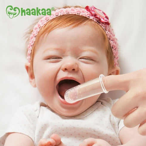 haakaa 2PK Silicone Baby Finger Toothbrush Set, 360º Bristle for Newborn Oral Gum Cleaning