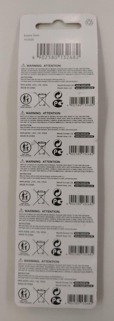 Maxell 10 LR41 AG3 192 1.5V x Alkaline Batteries