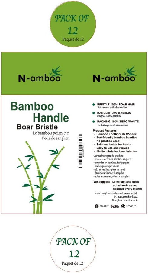 Boar Bristles Natural Bamboo Toothbrush, Eco-Friendly Biodegradable, Pack of 12