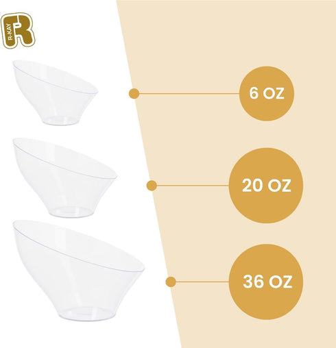 R-kay 6 Pack Angled Plastic Serving Bowls, Clear 20 Oz Disposable Bowls for Weddings, Catering, Birthday Parties