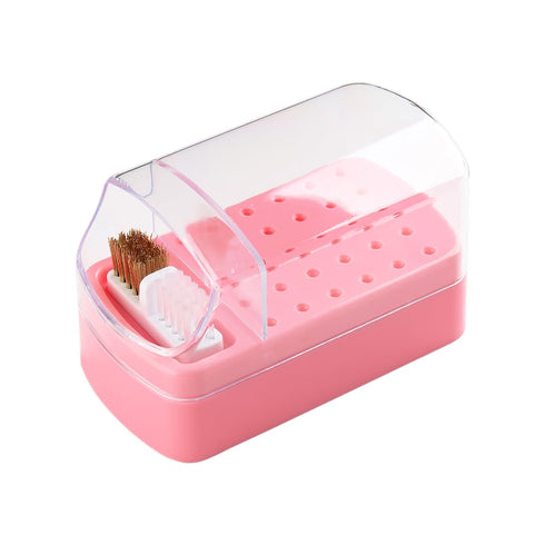 2 in 1 Pink Nail Drill Bit Holder and Cleaner Brush Case, 30 Holes Dust-proof Nail Bit Organizer Storage Box