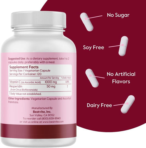 BESTVITE Vitamin C 1000mg (120 Vegetarian Capsules) with Citrus Bioflavinoids - No Stearates - Vegan - Non GMO - Gluten Free