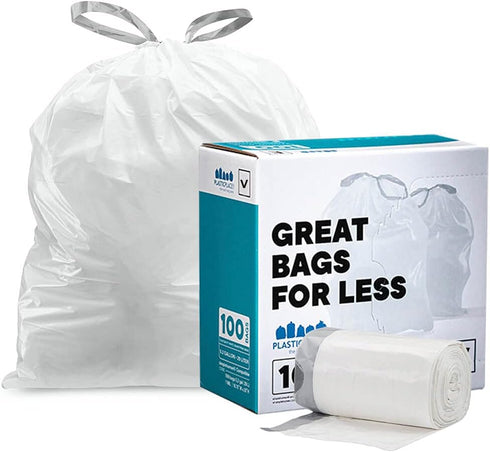 Plasticplace Custom Fit Trash Bags, Compatible with simplehuman Code V (100 Count) White Drawstring Garbage Liners 4.2-4.8 Gallon/ 16-18 Liter, 14.5" x 27.5"