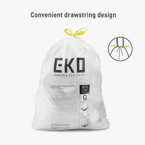 EKO Easy-Dispense Roll of 60 Count Extra-Strong Drawstring Kitchen Trash Bags, 21 Gallon Garbage Bags (79.5L)
