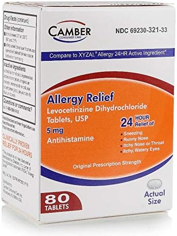 Camber Allergy Relief Tablets, Levocetirizine Dihydrochloride, 24 Hour Relief, 5 mg, 80 Count