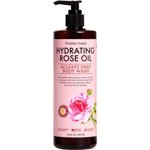 PHARM TO TABLE Hydrating Rose Oil Body Wash for Women and Men - Hydrates and Brightens Skin, Sulfate Free, 480ml