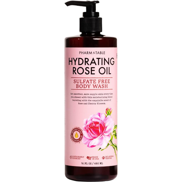 PHARM TO TABLE Hydrating Rose Oil Body Wash for Women and Men - Hydrates and Brightens Skin, Sulfate Free, 480ml