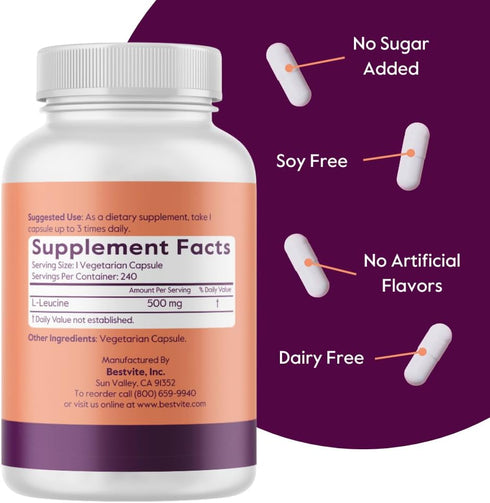BESTVITE L-Leucine 500mg per Capsule, 240 Vegetarian Capsules, Vegan, Non-GMO, Gluten Free
