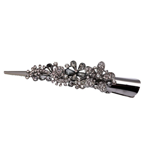 Large Double Row Teeth Metal Duck Bill Clips - Rhinestone Flower Hair Barrettes with Teeth for Women and Girls (Grey)