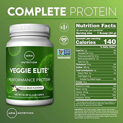 MRM Nutrition Veggie Elite Performance Protein, Vanilla Bean, Plant-Based, 30 Servings, Vegan, Gluten-Free