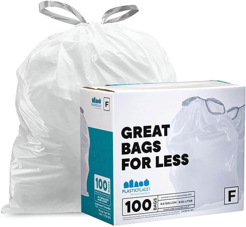 Plasticplace Custom Fit Trash Bags, Compatible with simplehuman Code F, 100 Count, 6.5 Gallon, White