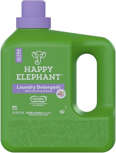 Happy Elephant Laundry Detergent, Ultra Concentrated Liquid Soap, Fresh Linen, 64 Loads, White Tea and Fig