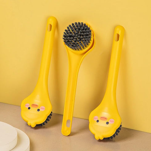 2 PCS Yellow Duck + Yellow Chicken Dish Brush Handle, Built-in Scraper for Pans, Pots, Kitchen Cleaning