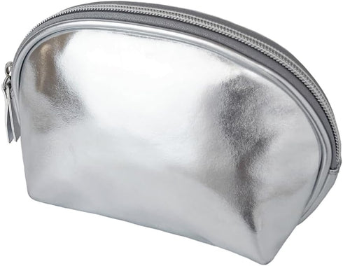 Small Makeup Bag, Cosmetic Bags for Women, Silver Leather Makeup Pouch