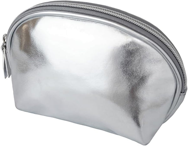 Small Makeup Bag, Cosmetic Bags for Women, Silver Leather Makeup Pouch