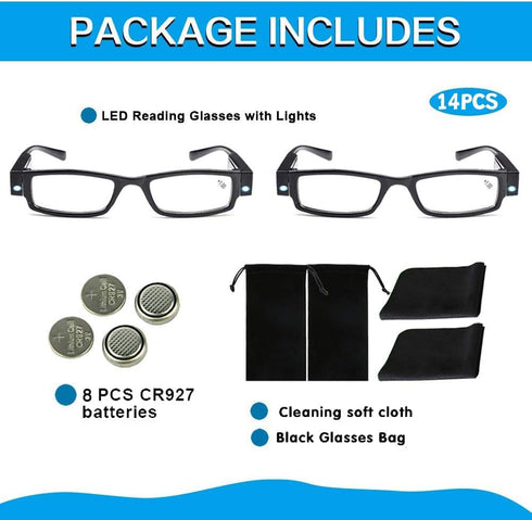 Bright LED Readers with Lights - Lighted Magnifier Nighttime Reader Compact Full Frame Eyewear Clear Vision Unisex