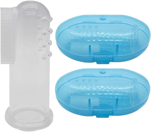 Baby Finger Toothbrush Set of 2, Silicone with 2 Cases in Blue, Toddler Training, Newborn Oral Massager for Kids