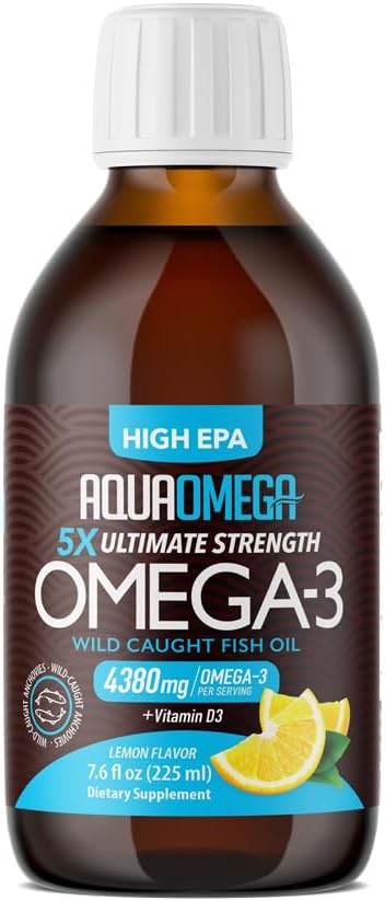 5X Ultimate Strength High EPA Omega-3 Liquid with DHA and Vitamin D - Wild Caught Fish Oil Supplements, 7.60 Fl Oz Lemon