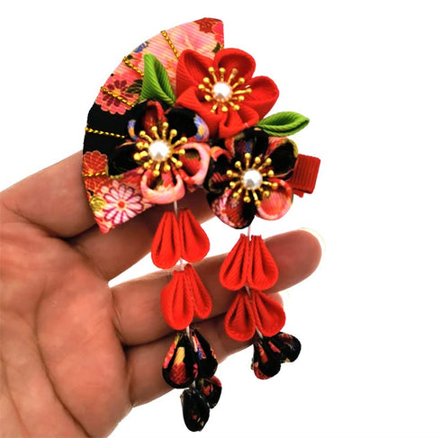 Japanese Style Women Flower Hair Clip, Kimono Decor Fabric Hanfu Hairpin for Christmas Party Costume Gift