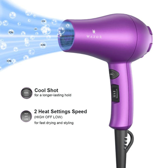 Wazor Compact 1000W Blow Dryer for Kids, Mini Travel Hair Dryer for RV, Ionic Lightweight with Concentrator, Purple