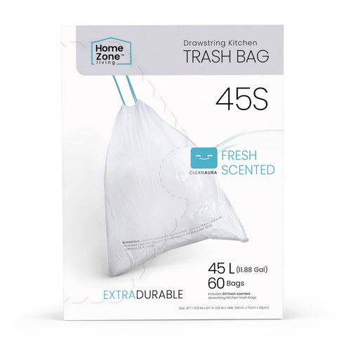 Home Zone Living 12 Gallon Kitchen Trash Bags with Drawstring Handles, Heavy Duty Custom Fit Design, 60 Count