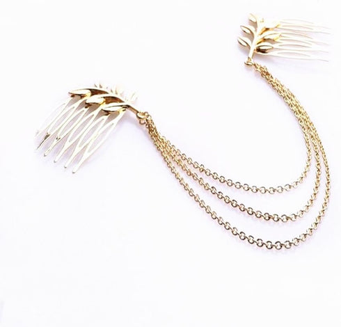 yueton 2pcs Fashion Ladies Athena Olive Branch Tassel Leaf Clips - Barrettes Bobby Pin Hair Clips for Bride Headwear