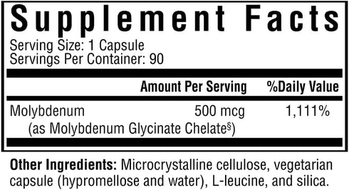 Seeking Health Molybdenum - Supplement with Molybdenum Glycinate Chelate - Supplement Supports Sulfite Metabolism & Cellular Health - Vegetarian and Vegan Molybdenum Capsules - 500 mcg, 90 Capsules
