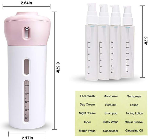 Travigo 4-in-1 Travel Dispenser Bottle, TSA Approved, Includes Four 1.4 oz. Reusable Cosmetic Toiletry Containers