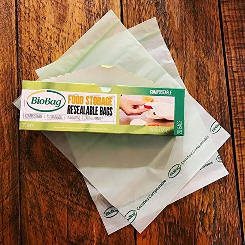 BioBag 100% Certified Compostable Resealable Food Storage Bags, Quart Size, 20 Count