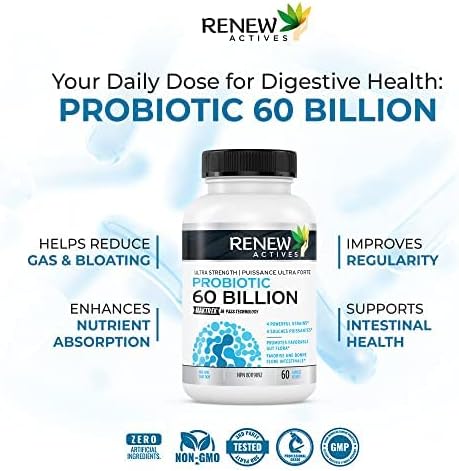 Renew Actives New Probiotics - 60 Billion CFU with MAKTREK Bi-Pass Technology for Digestive Health, Immunity, 60