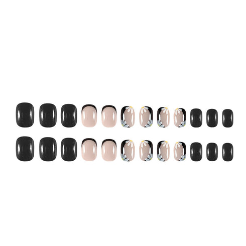 Press on Nails Short Square Black French Fake Nails, 24 Pcs Full Cover with Designs for Women and Girls.