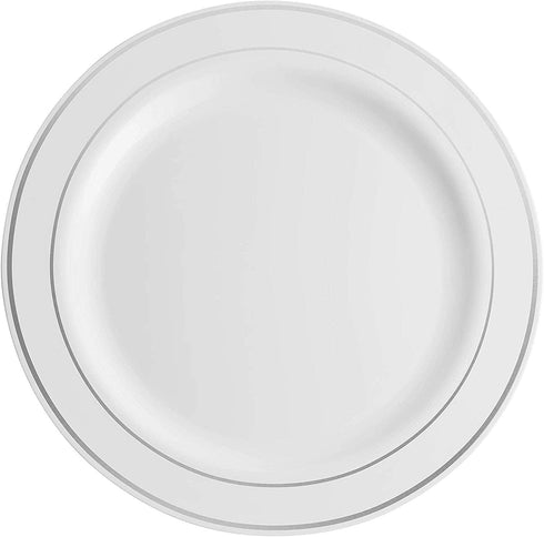 125 Piece Silver Dinnerware Party Set - 50 Silver Rim Plastic Plates, 25 Dinner Plates, 25 Dessert Plates, 25 Forks, 25