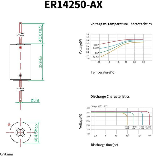 EEMB ER14250 1/2AA 3.6V Lithium Battery with AX Solder Tabs