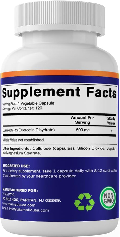 Vitamatic Quercetin 500 mg - 120 Vegetarian Capsules for Cardiovascular Health (Non-GMO, Gluten Free, Vegan)