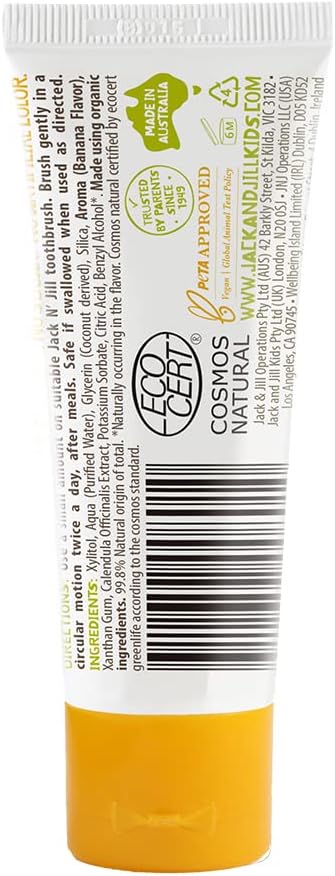 Jack N' Jill Natural Toddler Toothpaste for Baby, Kids and Infants 6 Months & Up, Fluoride Free Training Toothpaste for Toddlers 1-3, 40% Xylitol, BPA Free - Banana, 1.76 oz (Pack of 6)