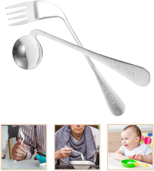 2 Pcs Angled Fork Spoon Set, Ergonomic Curved Utensil for Elderly Patients, Right Hand