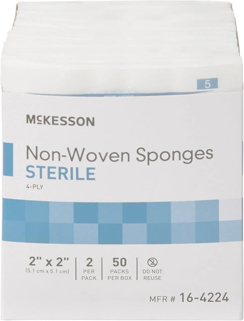 McKesson Non-Woven Sterile Sponges, 4-Ply, Polyester/Rayon, 2 in x 2 in, 2 per Pack, 50 Packs Total