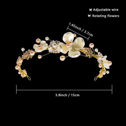 NODG Gold Tiaras for Women, Pearl Bride Crowns Wedding Headpiece, Gold Flower Bridal Hair Piece