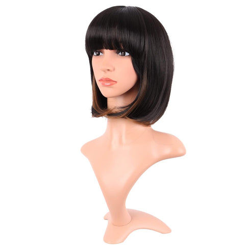 MapofBeauty 12 Inch /30 cm Fashion Lady Short Straight Synthetic Flat Bangs Bob Wig (Black Mixed Brown)