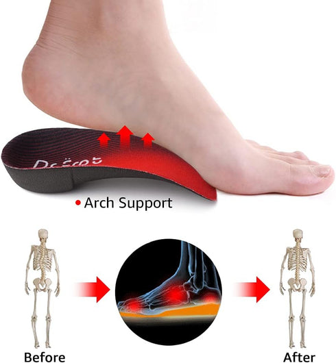 Dr. Foot's 3/4 Length Orthotic Insoles, High Arch Support Inserts for Flat Feet, Plantar Fasciitis, Medium Size